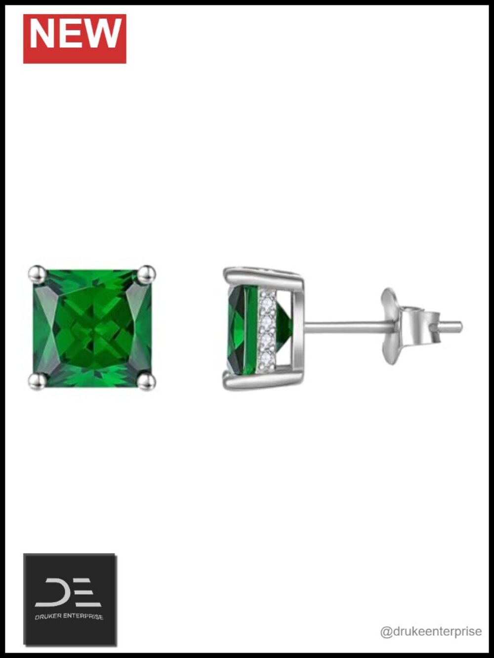 925 Sterling Silver Square Stud Earrings Princess Cut Created Emerald